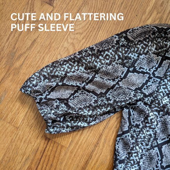 ember Beige Brown V-neck High Waist Peplum Blouse, Puff Sleeves, Snake P… - Picture 4 of 10